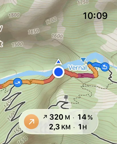 Topografische Karte auf der Apple Watch am Fuß eines Anstiegs auf dem Weg zu den Vernal Falls: der kommende Anstieg ist nach Steigung eingefärbt, unten zeigt der Bildschirm 320 m bergauf bei 14 % auf 2,3 km, etwa 1 Stunde