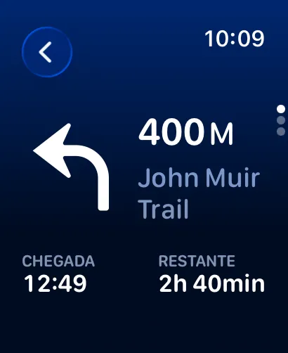 Tela azul de navegação curva a curva indicando uma conversão à esquerda em 0,2 milha na John Muir Trail