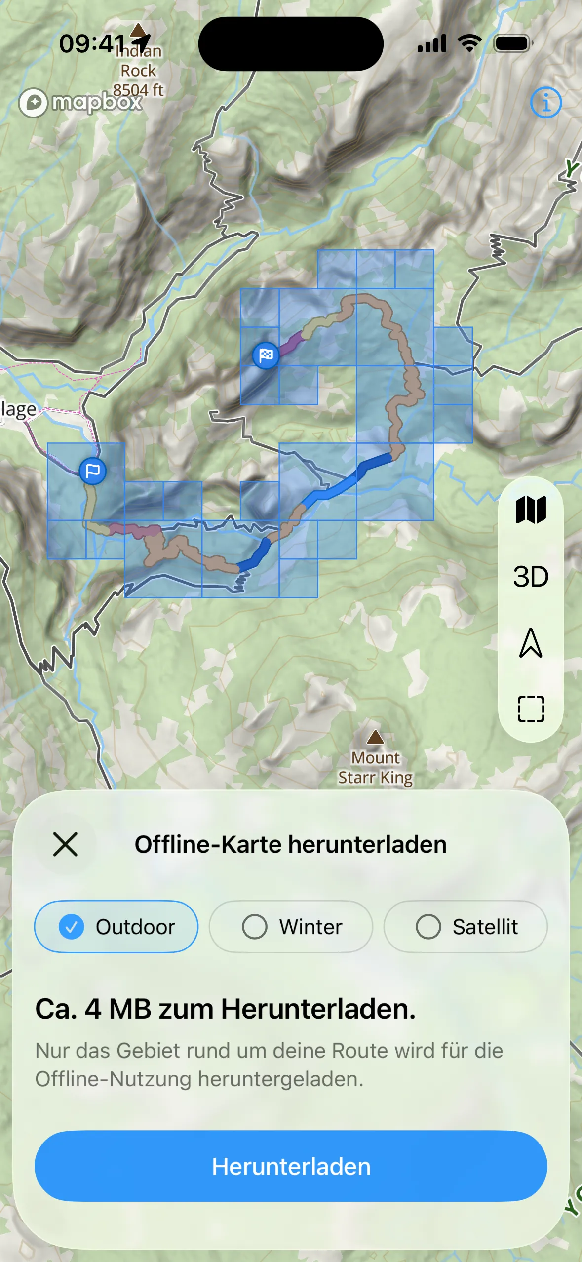 WristTopo Bildschirm „Offline-Karte herunterladen“ am iPhone mit der Route über auswählbaren Kartenkacheln, den Chips Outdoor, Winter und Satellit und einem Button zum Herunterladen