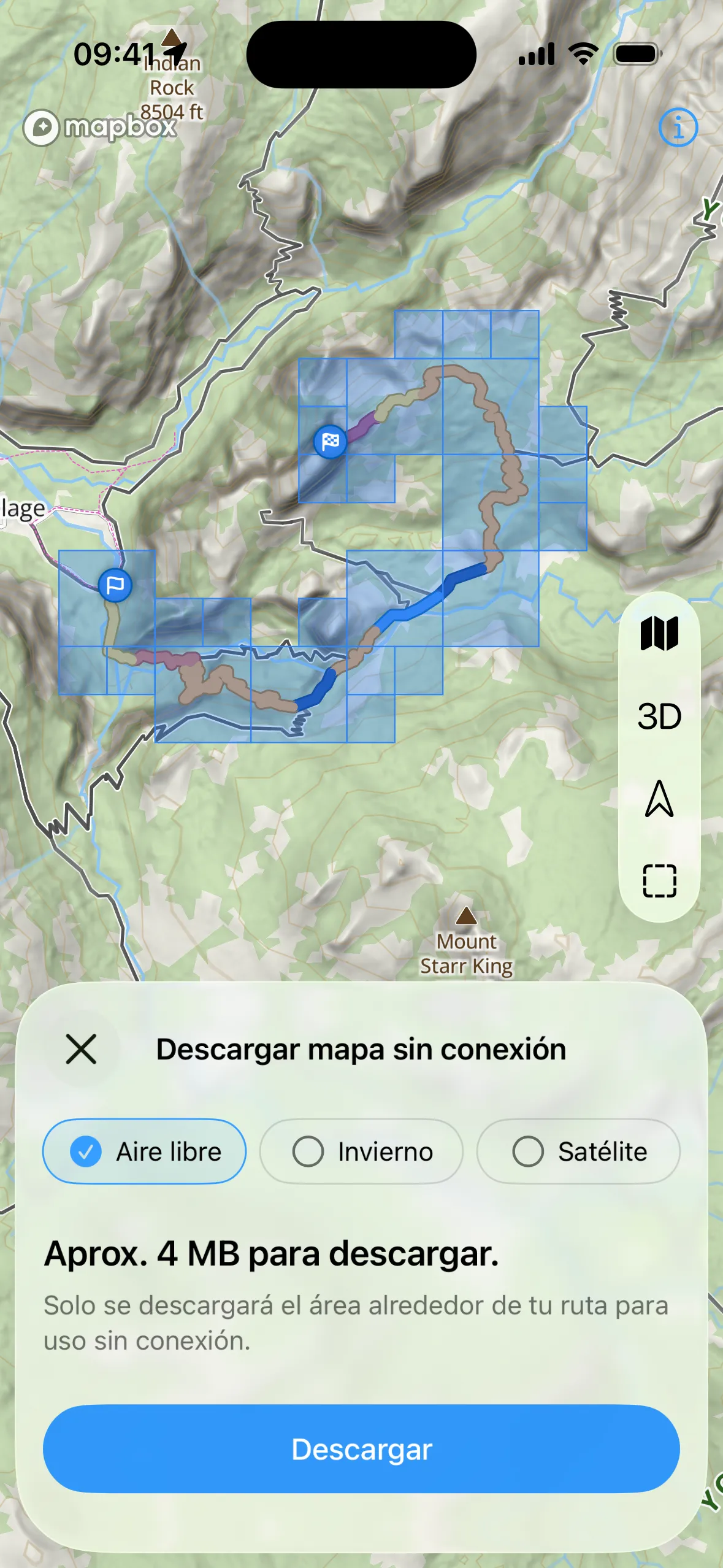 Pantalla Descargar mapa sin conexión de WristTopo en el iPhone con la ruta sobre teselas de mapa seleccionables, los chips Outdoor, Winter y Satellite, y un botón de descarga