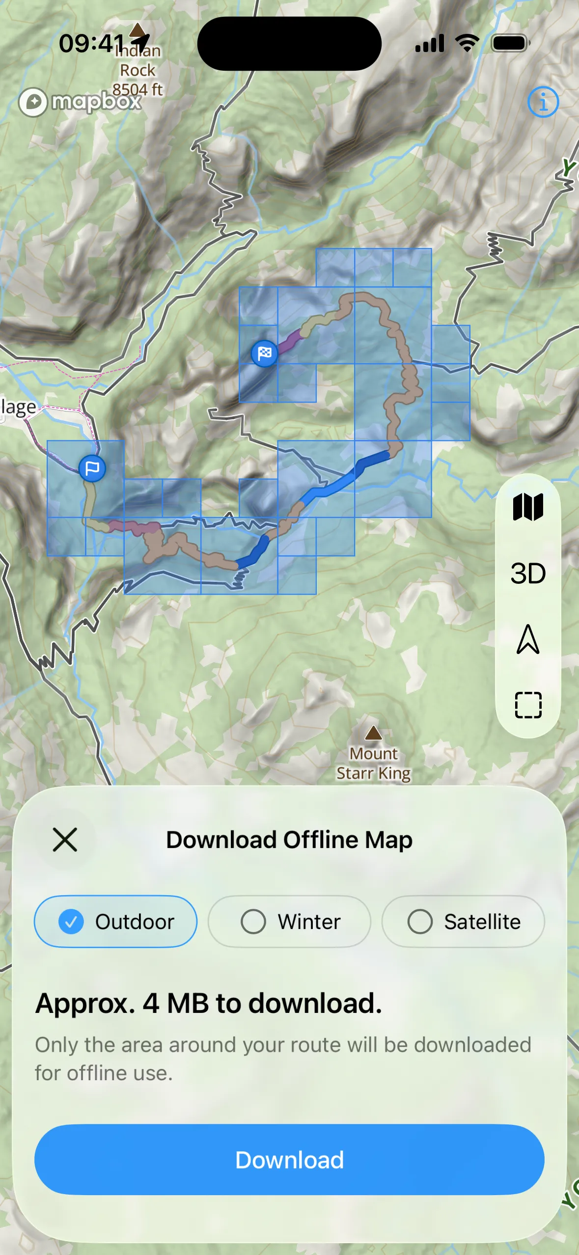 WristTopo iPhone Download Offline Map screen with the route over selectable map tiles, Outdoor, Winter and Satellite chips, and a Download button