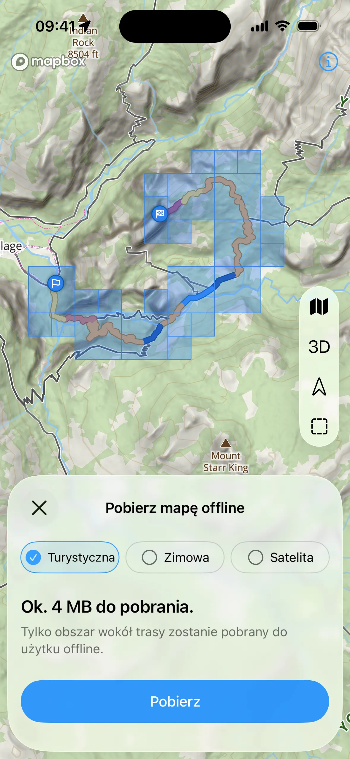 Ekran „Pobierz mapę offline” WristTopo na iPhonie z trasą na wybieralnych kafelkach mapy, przyciskami Outdoor, Winter i Satellite oraz przyciskiem pobierania