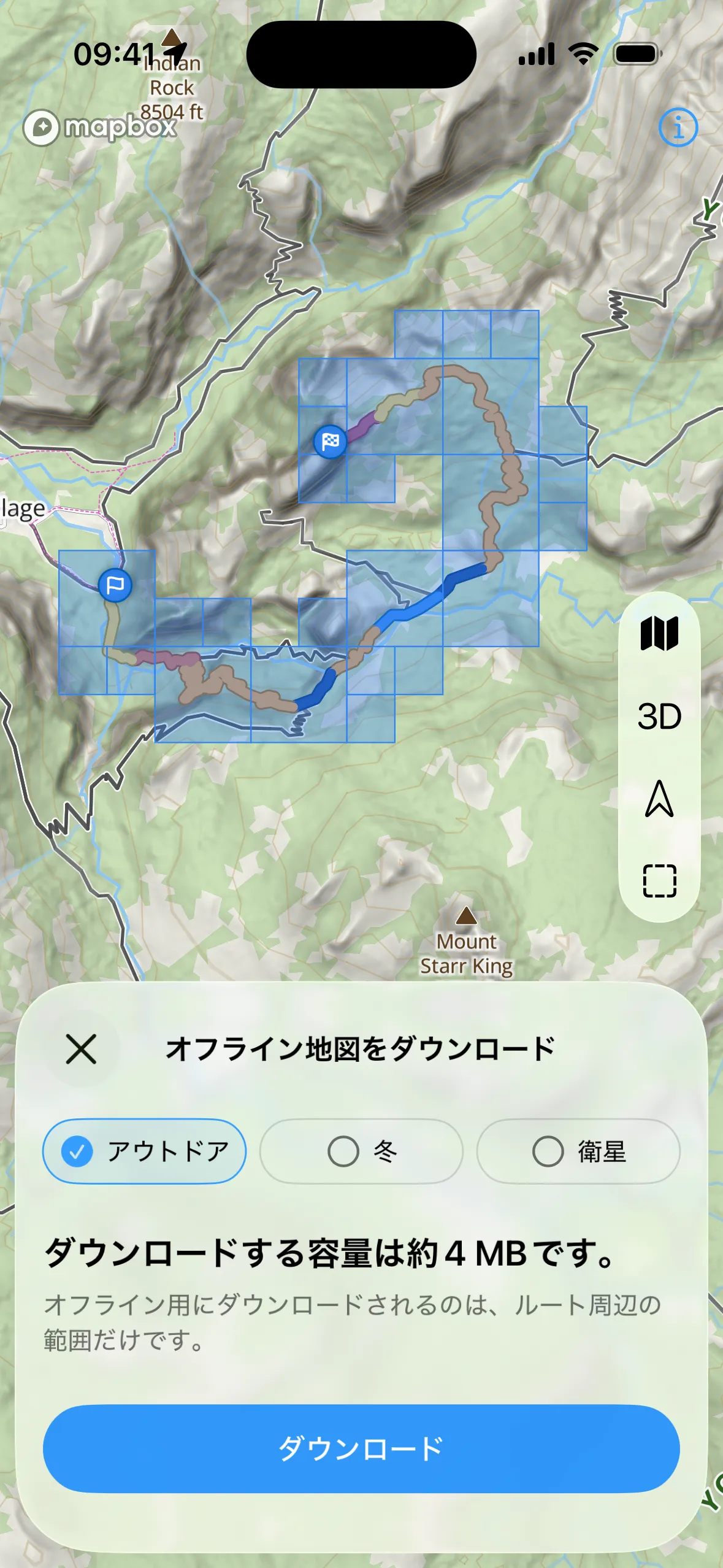 WristTopo の iPhone「オフライン地図をダウンロード」画面。選択可能な地図タイルの上にルートが重なり、Outdoor・Winter・Satellite のチップとダウンロードボタンが表示されている