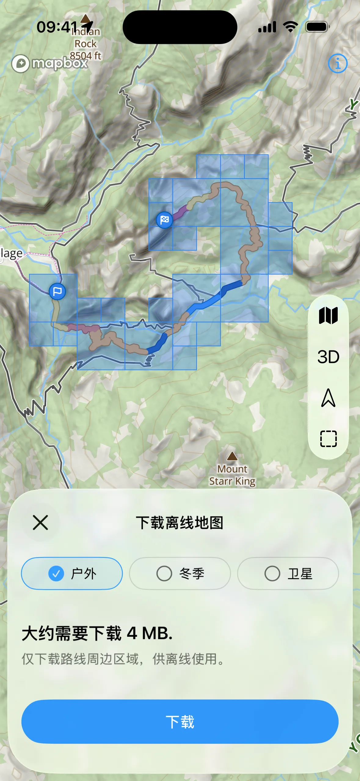 WristTopo iPhone “下载离线地图”界面，路线叠加在可选的地图瓦片上，配有 Outdoor、Winter 和 Satellite 选项标签和一个下载按钮
