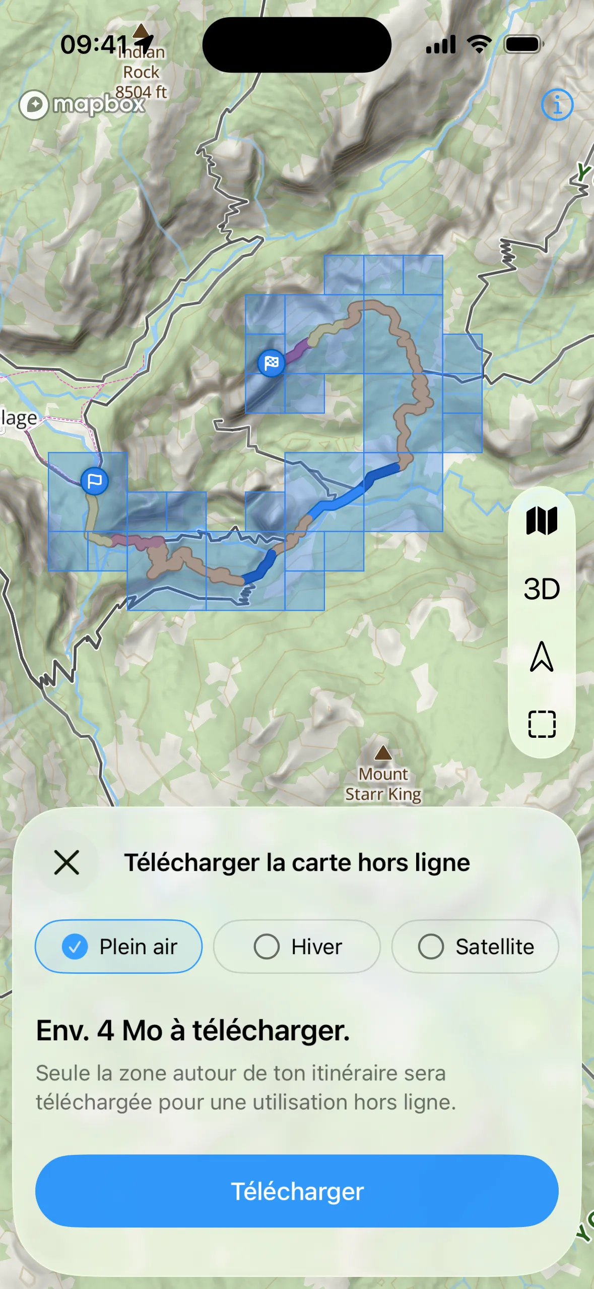 Écran de téléchargement de carte hors ligne WristTopo sur iPhone avec l’itinéraire sur des tuiles de carte sélectionnables, les puces Plein air, Hiver et Satellite, et un bouton Télécharger