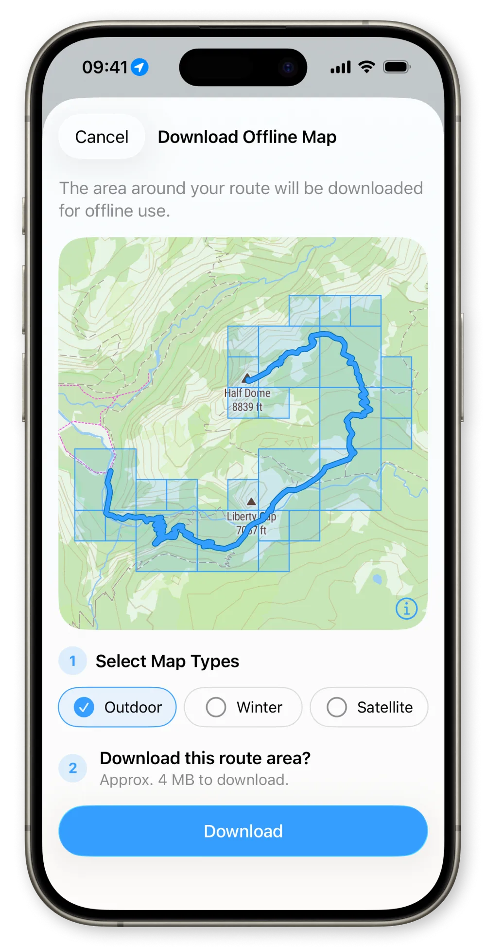 WristTopo iPhone “下载离线地图”界面，显示路线叠加在可选的地图瓦片上，以及 Outdoor、Winter 和 Satellite 地图类型选项标签和一个下载按钮