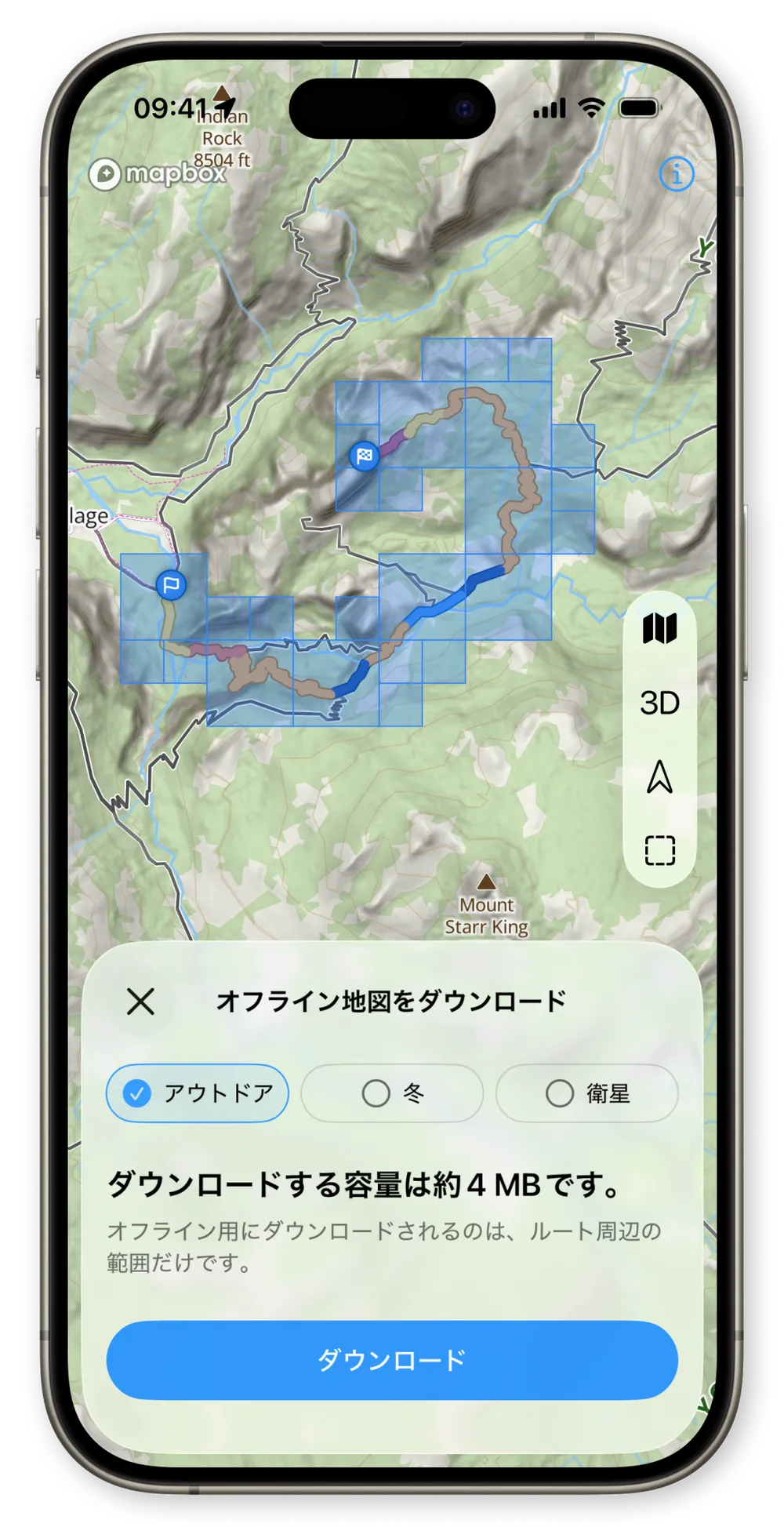 WristTopo の iPhone「オフライン地図をダウンロード」画面。選択可能な地図タイルの上にルートが重なり、Outdoor・Winter・Satellite の地図タイプのチップとダウンロードボタンが表示されている