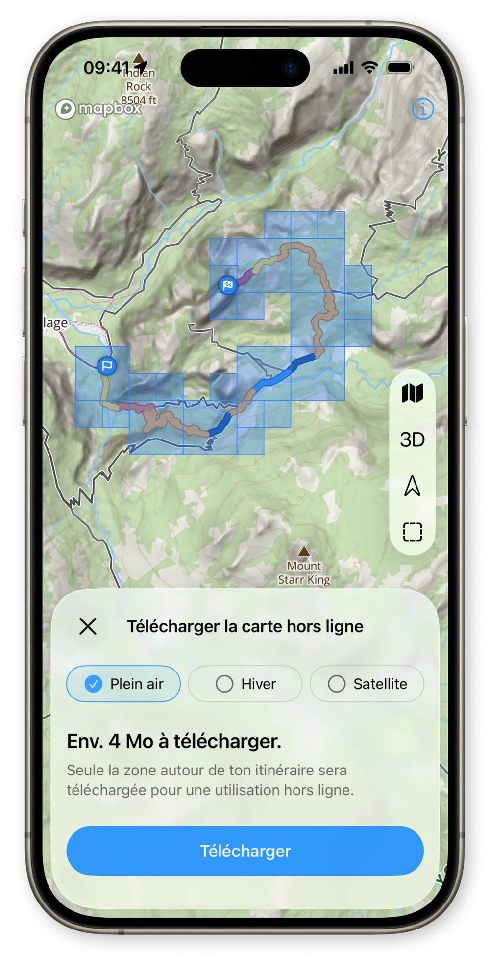 Écran de téléchargement de carte hors ligne WristTopo sur iPhone montrant l’itinéraire sur des tuiles de carte sélectionnables, les puces de type de carte Plein air, Hiver et Satellite, et un bouton Télécharger