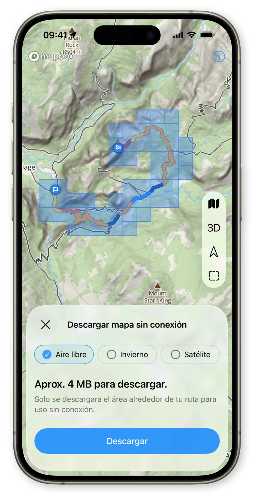Pantalla Descargar mapa sin conexión de WristTopo en el iPhone mostrando la ruta sobre teselas de mapa seleccionables, los chips de tipo de mapa Outdoor, Winter y Satellite, y un botón de descarga