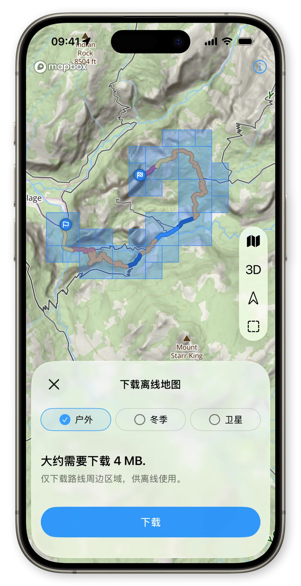 WristTopo iPhone “下载离线地图”界面，显示路线叠加在可选的地图瓦片上，以及 Outdoor、Winter 和 Satellite 地图类型选项标签和一个下载按钮