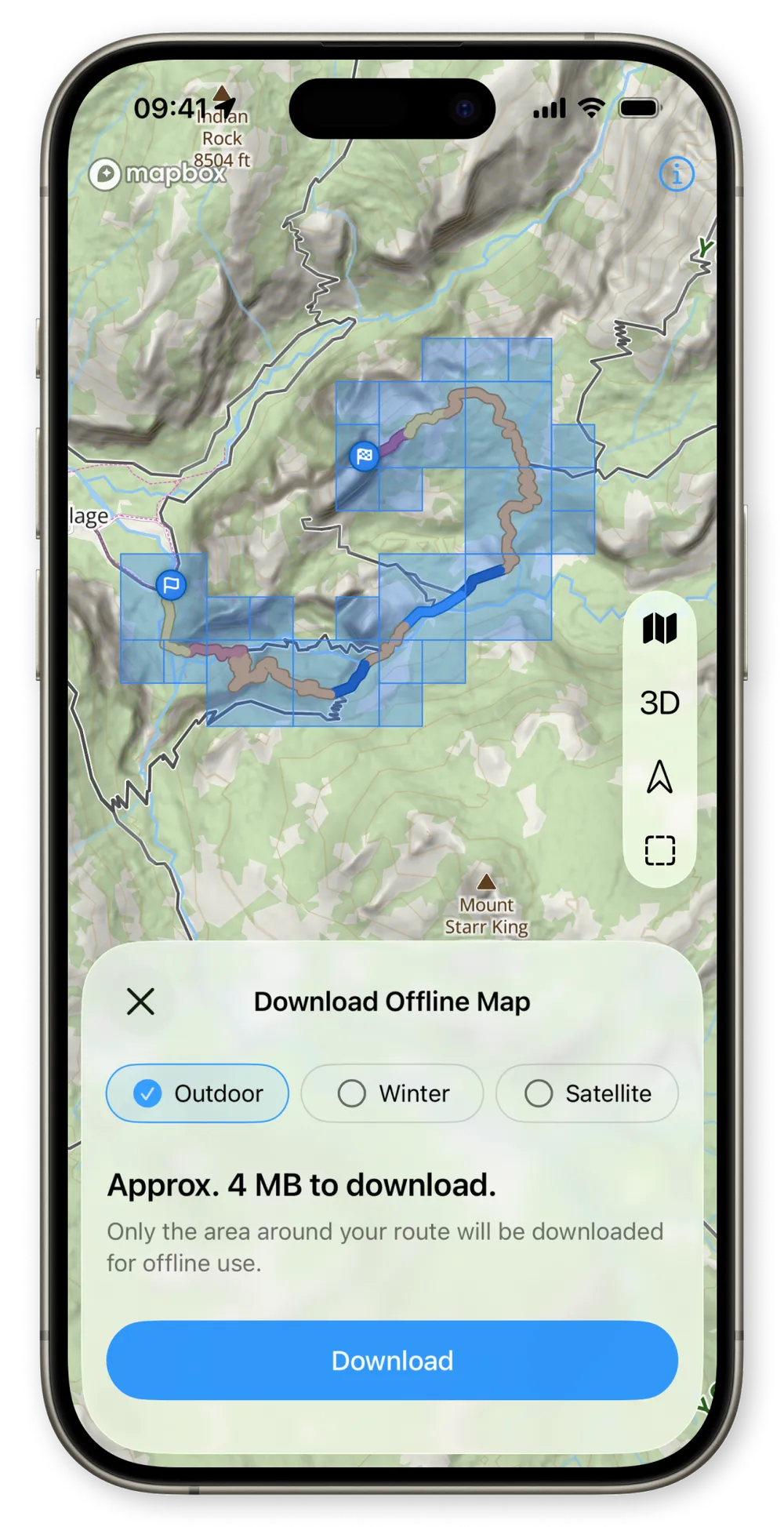 WristTopo iPhone Download Offline Map screen showing the route over selectable map tiles, Outdoor, Winter and Satellite map-type chips, and a Download button
