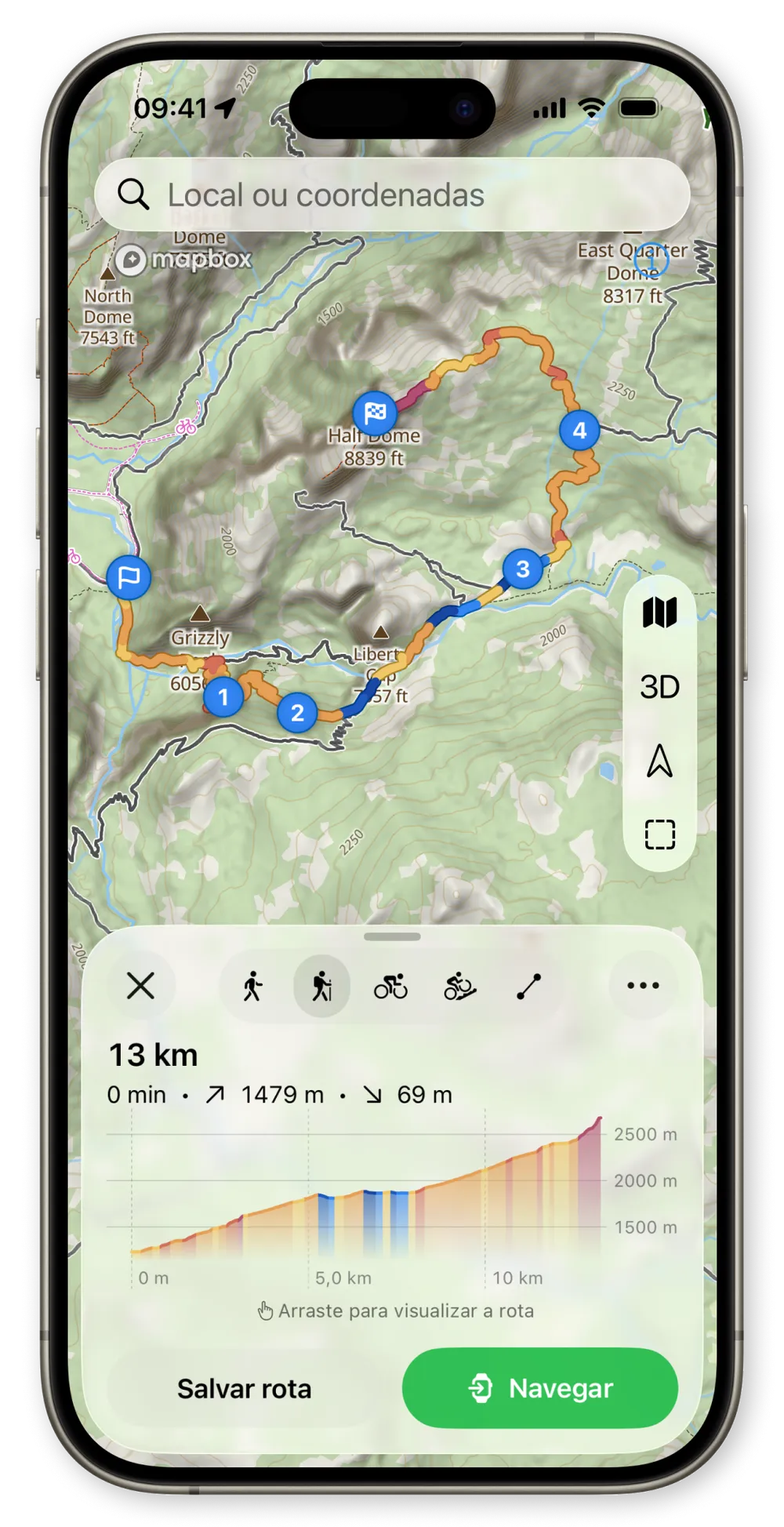 Planejador de rotas do WristTopo no iPhone exibindo um mapa topográfico com pontos de passagem numerados e um perfil de altitude