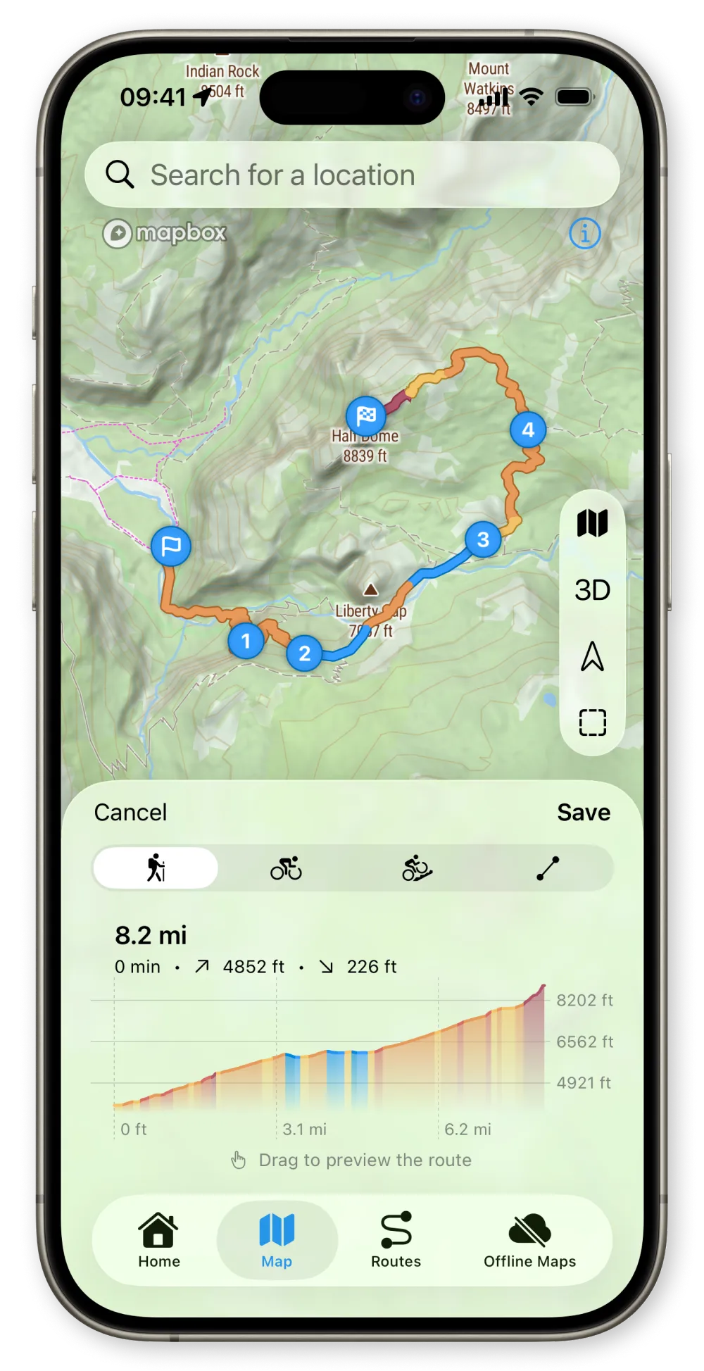 WristTopo iPhone 路线规划器，显示着一幅带有编号路标和海拔剖面图的地形图