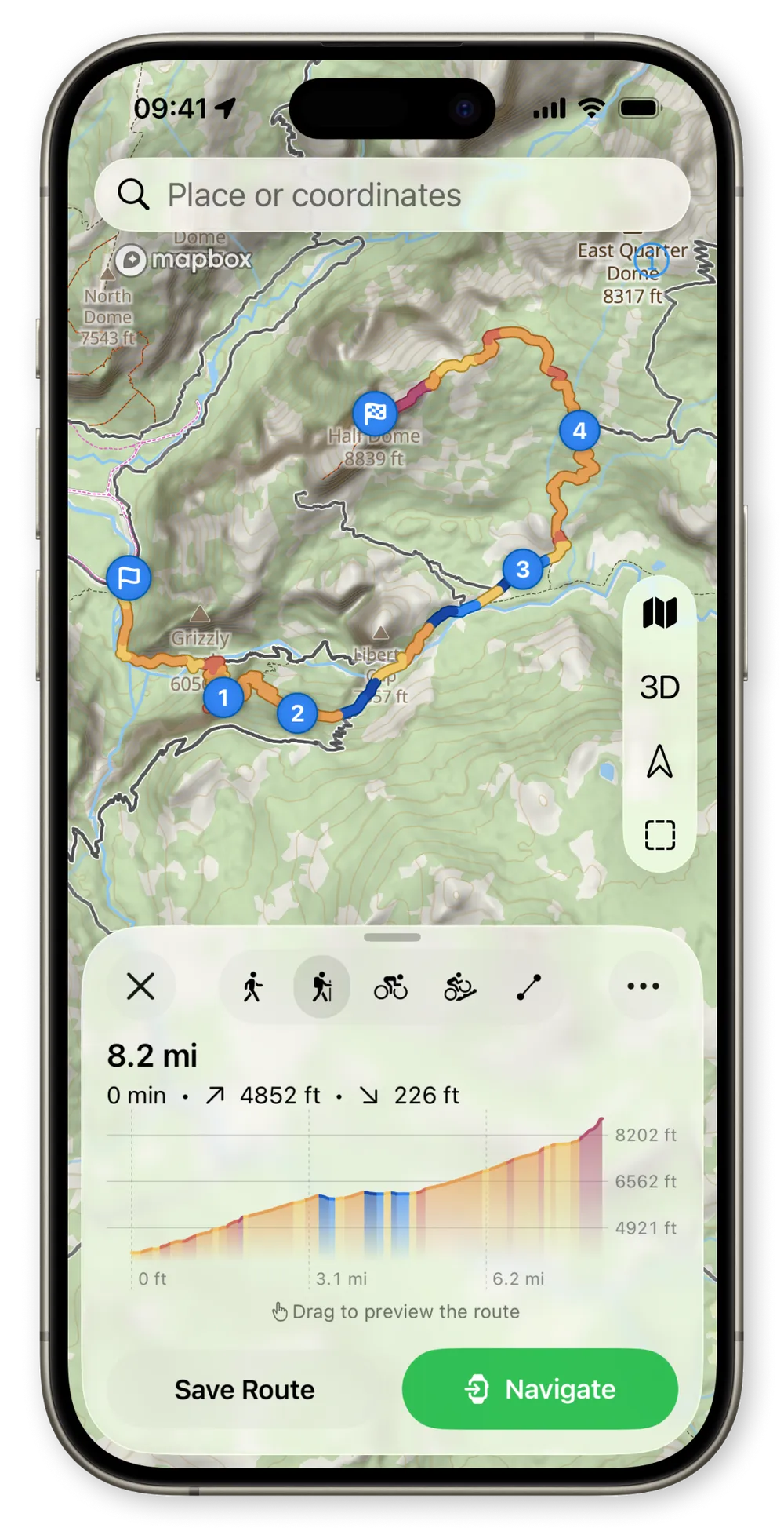 WristTopo iPhone route planner showing a topographic map with numbered waypoints and an elevation profile