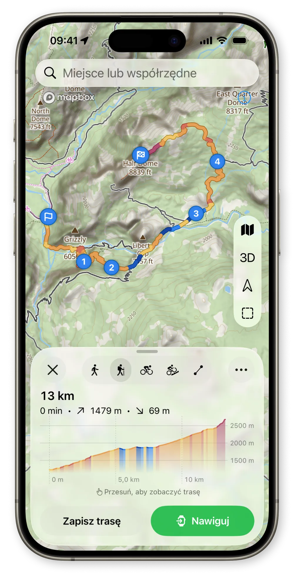 Planowanie trasy WristTopo na iPhonie z mapą topograficzną, ponumerowanymi punktami trasy i profilem wysokości