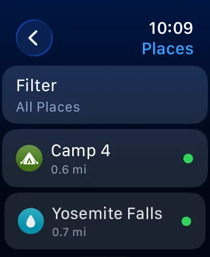 Apple Watch Places list with Camp 4 at 0.6 mi and Yosemite Falls at 0.7 mi, nearest first