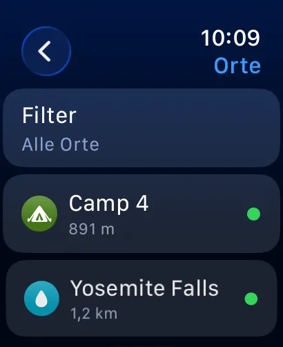 Liste „Orte“ auf der Apple Watch mit Camp 4 in 891 m und Yosemite Falls in 1,2 km Entfernung, nach Nähe sortiert