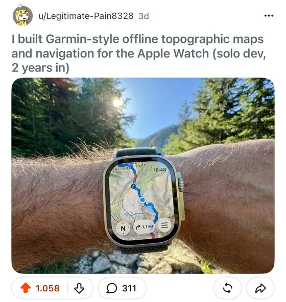 Screenshot of Piotr’s WristTopo post on r/applewatchultra: an Apple Watch Ultra showing a topo map on a mountain trail
