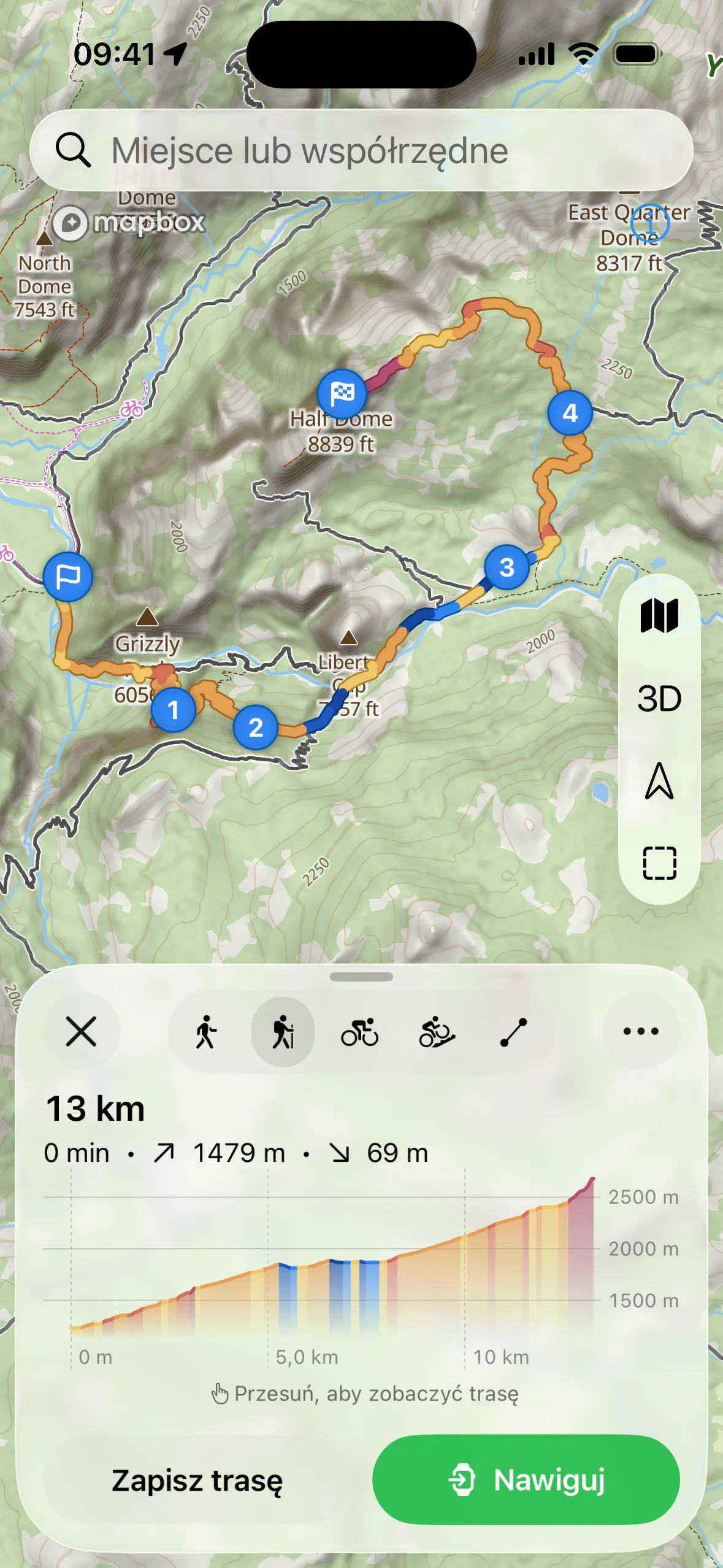 Planowanie trasy na iPhonie z mapą topograficzną, ponumerowanymi punktami trasy i profilem wysokości