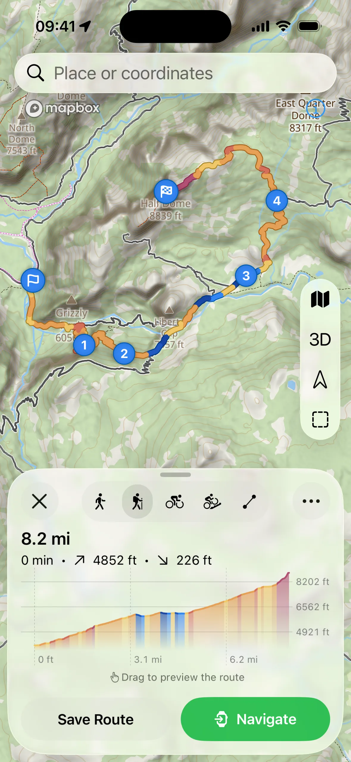 iPhone route planner showing a topographic map with numbered waypoints and an elevation profile