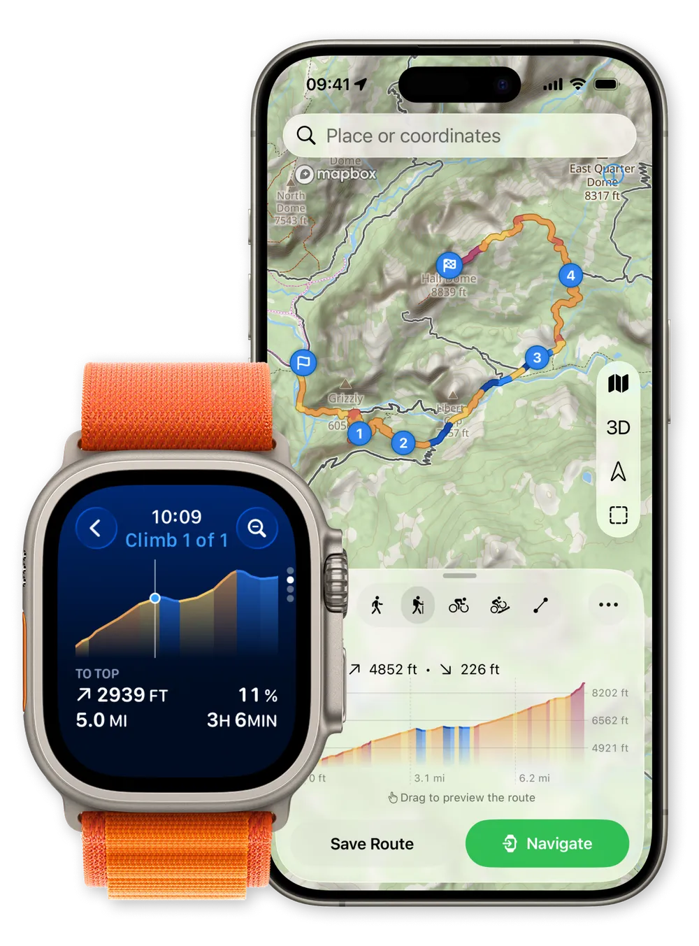 WristTopo route planner shown together on iPhone and Apple Watch: the iPhone displays a topographic map with a gradient-colored route to Half Dome and an elevation profile, while the Apple Watch shows the elevation profile zoomed in on Climb 1 of 1, with 2,939 ft, 5.0 mi and 3 h 6 min left to the top at 11 %