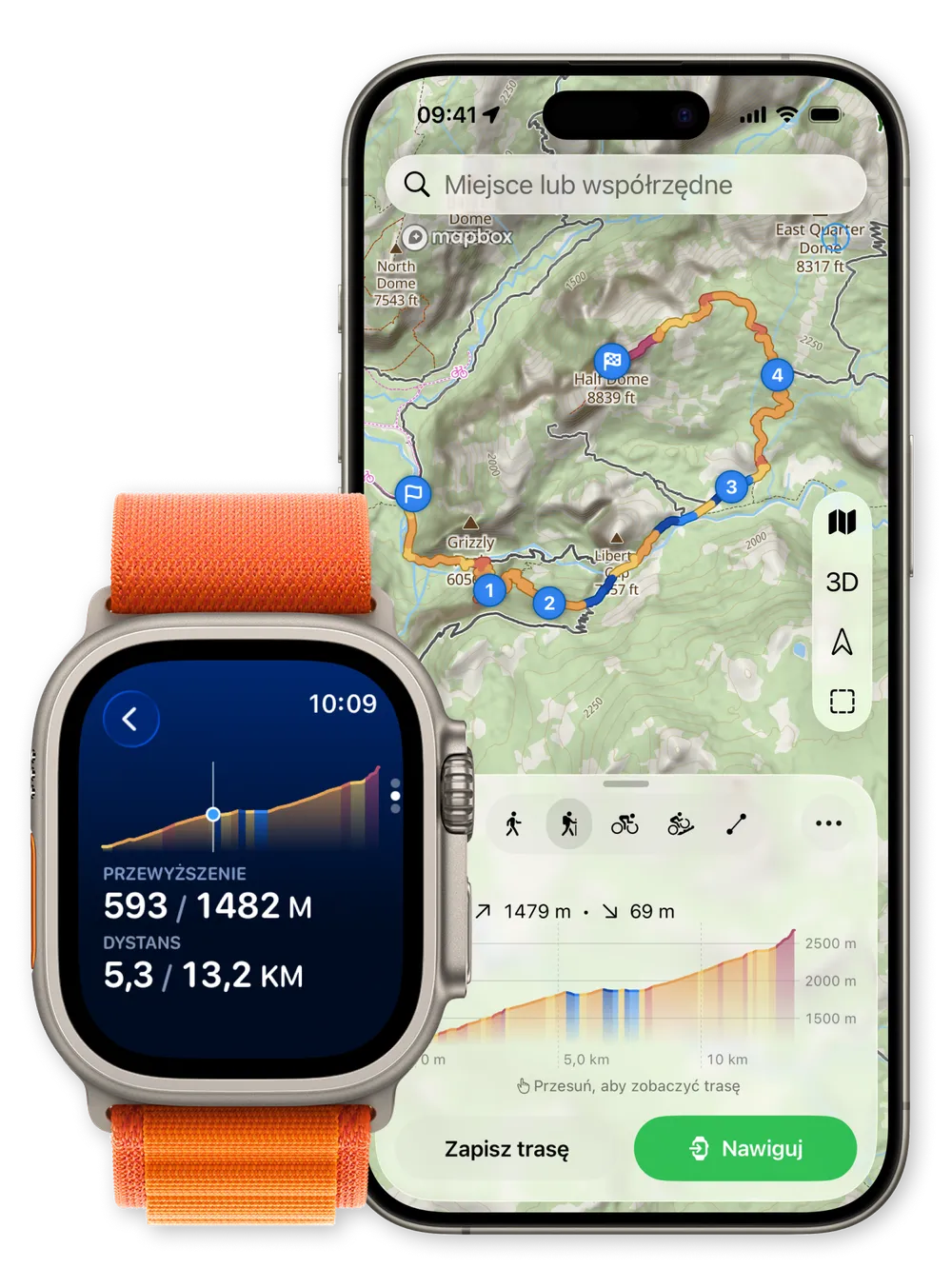 Planowanie trasy WristTopo pokazane razem na iPhonie i Apple Watch: iPhone wyświetla mapę topograficzną z pętlą trasy kolorowaną według nachylenia i profilem wysokości, a Apple Watch pokazuje przewyższenie 1,946 z 4,863 ft oraz dystans 3.29 z 8.22 mi