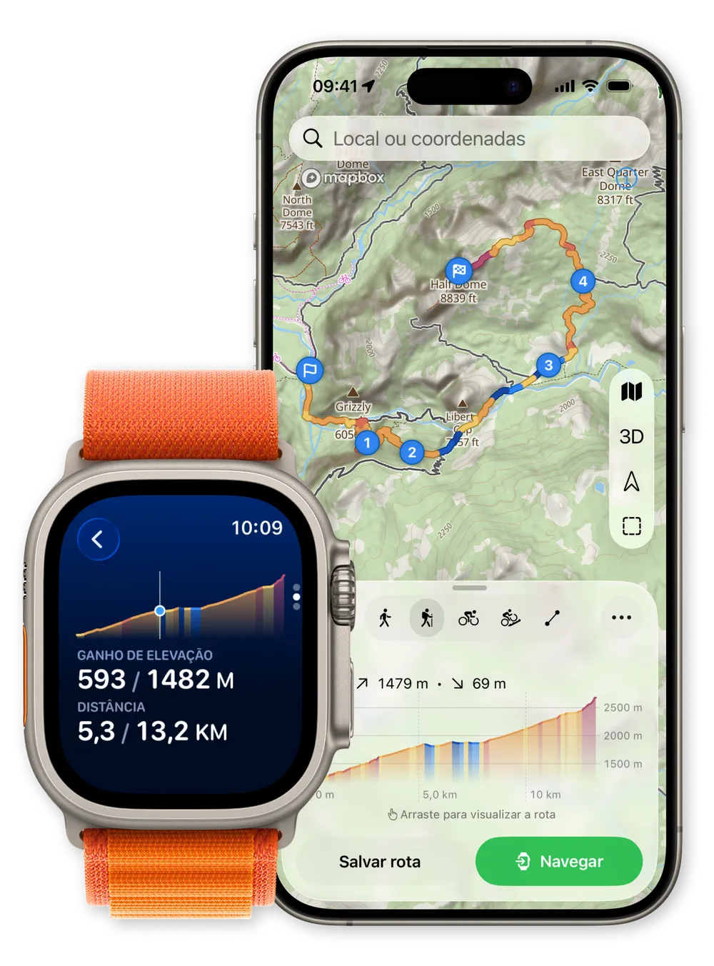Planejador de rotas do WristTopo no iPhone e no Apple Watch: o iPhone exibe um mapa topográfico com uma rota circular colorida por inclinação e um perfil de altitude, enquanto o Apple Watch mostra ganho de altitude de 1.946 de 4.863 pés e distância de 3,29 de 8,22 milhas