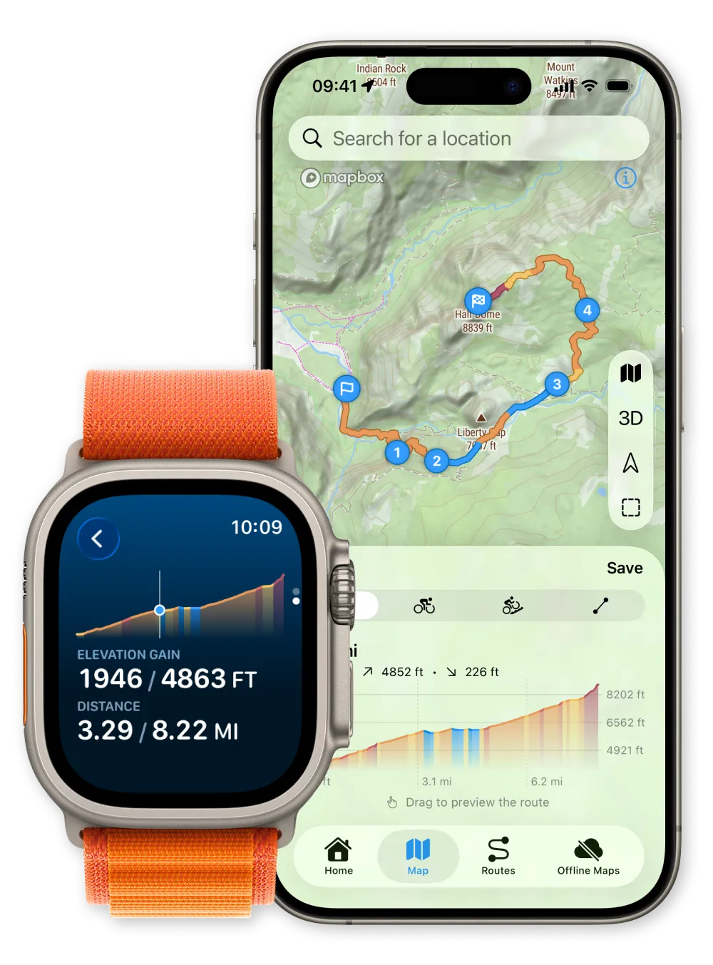 WristTopo 路线规划器同时显示在 iPhone 和 Apple Watch 上：iPhone 显示一幅地形图，上面是按坡度上色的环形路线和海拔剖面图，而 Apple Watch 显示海拔爬升 1,946 / 4,863 ft 和距离 3.29 / 8.22 mi