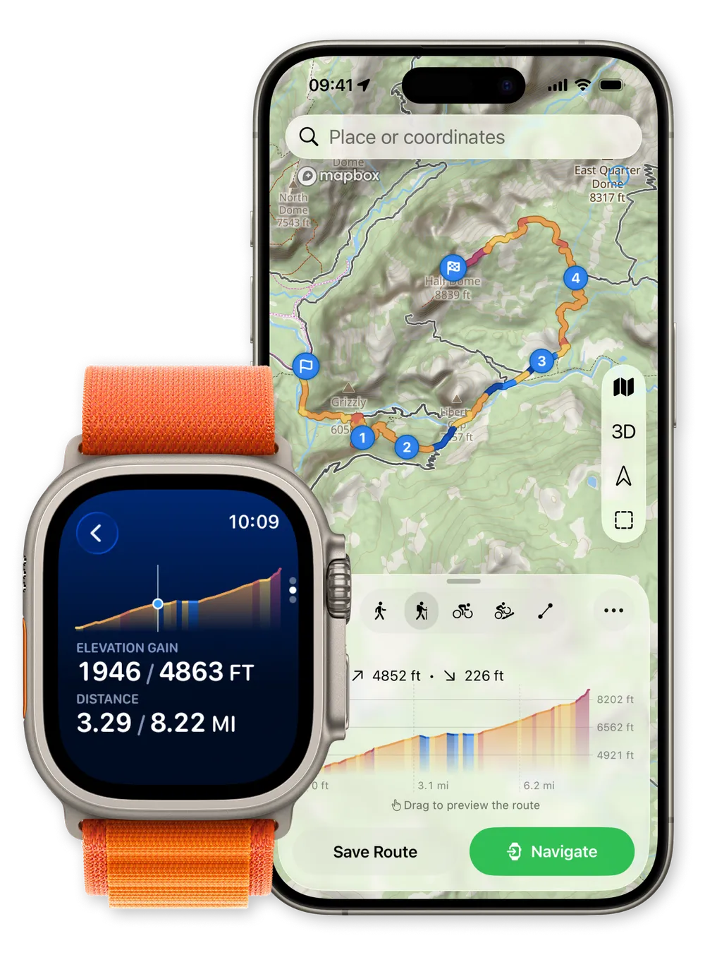 WristTopo route planner shown together on iPhone and Apple Watch: the iPhone displays a topographic map with a gradient-colored loop route and an elevation profile, while the Apple Watch shows elevation gain 1,946 of 4,863 ft and distance 3.29 of 8.22 mi