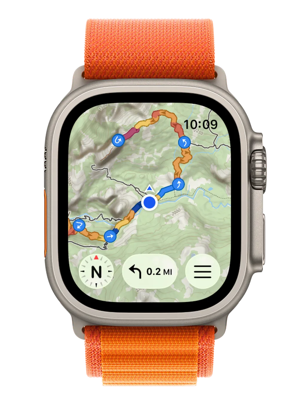 Apple Watch Ultra showing a full route on a topographic map with a turn distance chip and compass