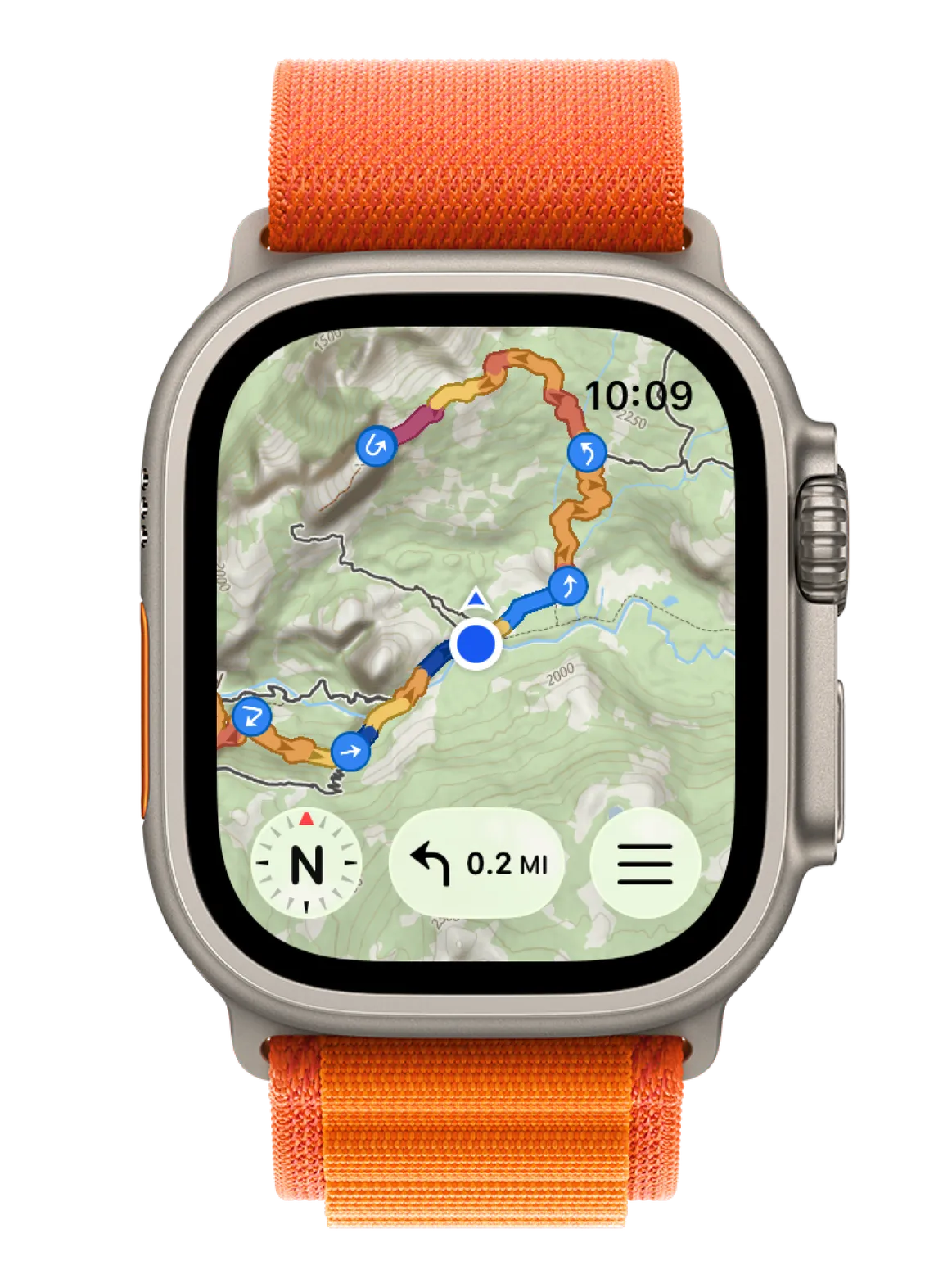 Apple Watch Ultra showing a WristTopo topographic route map with turn guidance