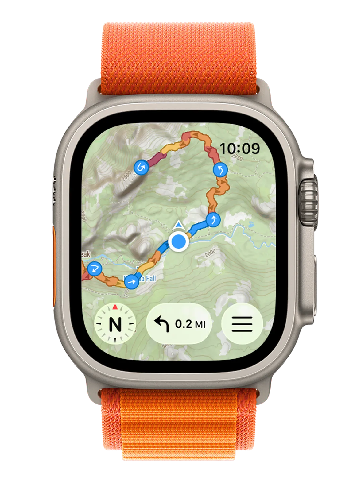 Apple Watch Ultra 显示着带有转弯指引的 WristTopo 地形图路线