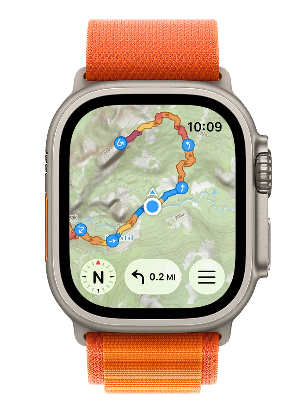 Apple Watch Ultra 在地形图上显示一条完整路线，配有转弯距离标签和指南针