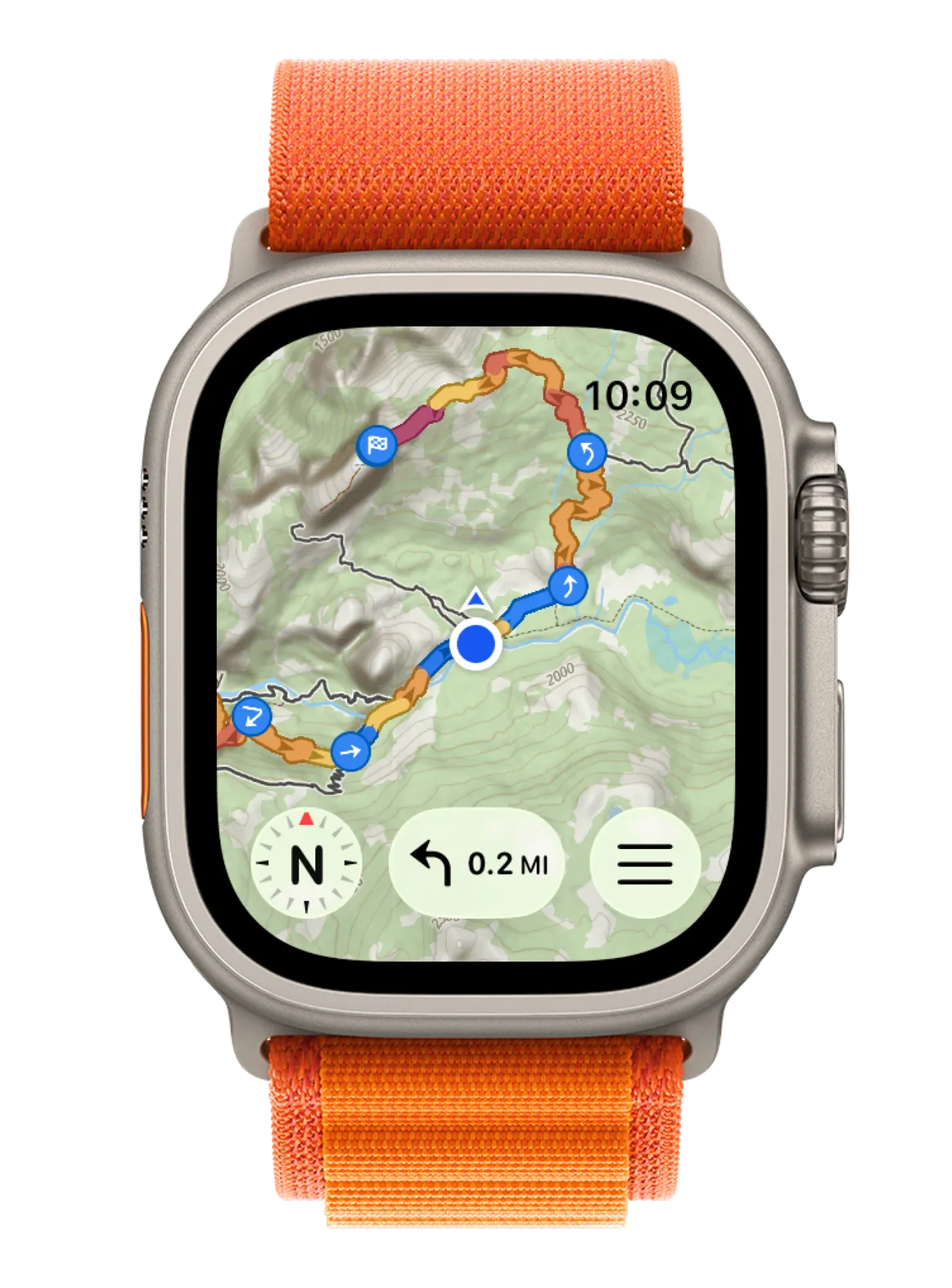 Apple Watch Ultra showing a WristTopo topographic route map with turn guidance
