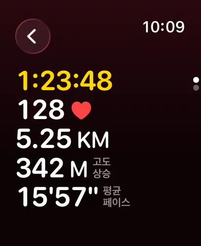 워치에 표시된 운동 기록: 타이머, 심박수 128, 3.26 miles, 고도 상승, 평균 페이스