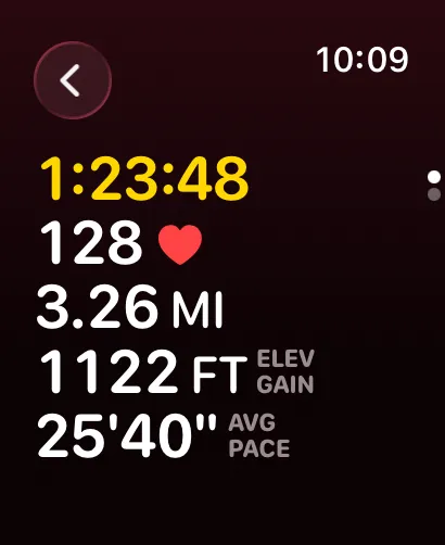 Workout stats on watch: timer, heart rate 128, 3.26 miles, elevation gain and average pace
